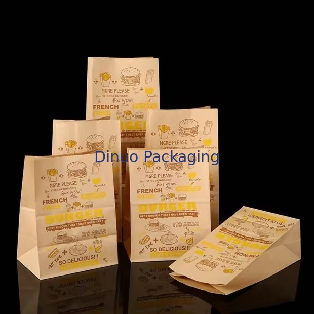Tamaño personalizado Bolsas de papel Kraft marrón desechables para pan, sándwich Bolsa de papel de comida con fondo plano