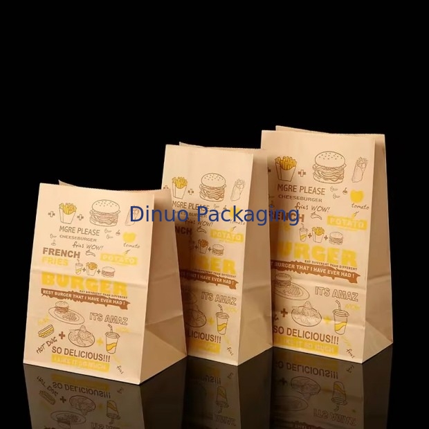 Tamaño personalizado Bolsas de papel Kraft marrón desechables para pan, sándwich Bolsa de papel de comida con fondo plano