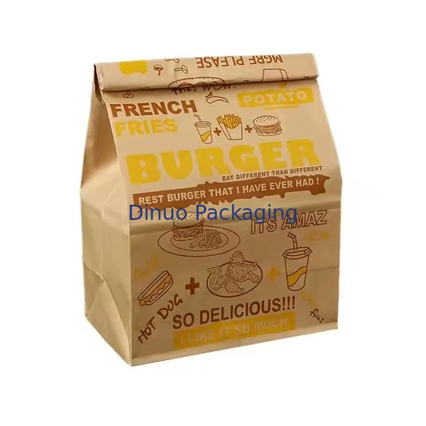 Tamaño personalizado Bolsas de papel Kraft marrón desechables para pan, sándwich Bolsa de papel de comida con fondo plano