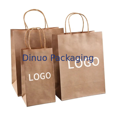 Logotipo impreso a medida Regalo blanco marrón Bolsa de papel Kraft de compras con mango retorcido