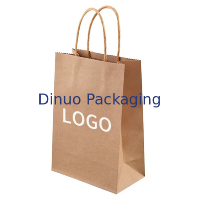 Logotipo impreso a medida Regalo blanco marrón Bolsa de papel Kraft de compras con mango retorcido
