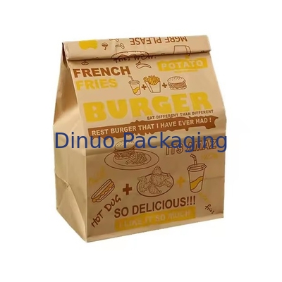 Tamaño personalizado Bolsas de papel Kraft marrón desechables para pan, sándwich Bolsa de papel de comida con fondo plano